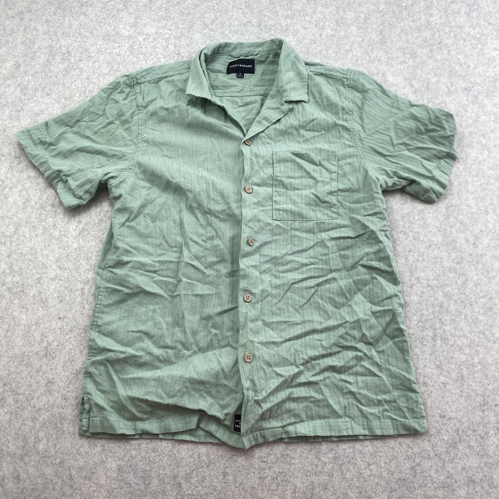 Lucky Brand Shirt Mens Medium Green Textured Stripe Short Sleeve Button Up